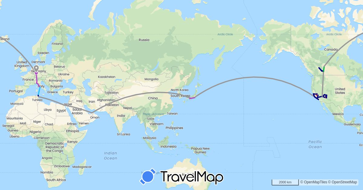 TravelMap itinerary: driving, bus, plane, train, hiking, boat in United Arab Emirates, Canada, Germany, Egypt, Italy, Japan, South Korea, Tunisia, United States (Africa, Asia, Europe, North America)